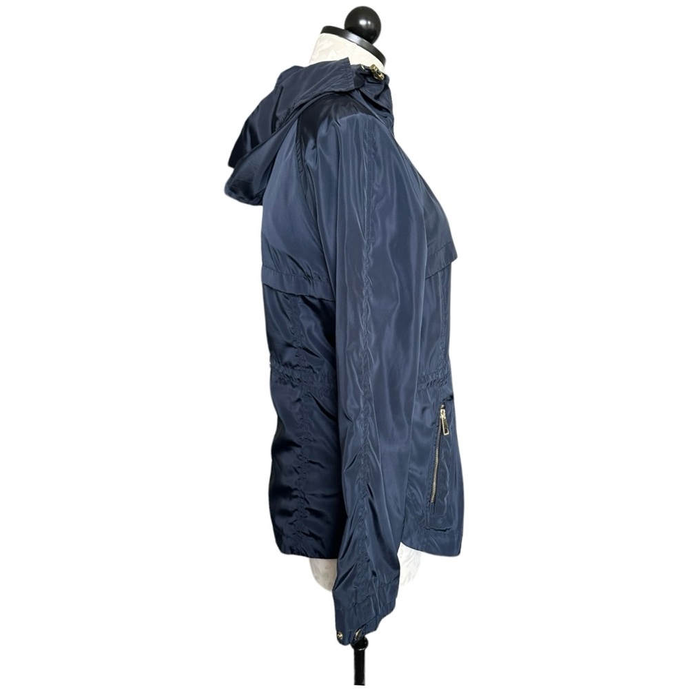 Zara Navy Blue Rain Jacket Hooded Full Zip Gold Tone Zippers & Snaps Size Medium - Picture 5 of 16